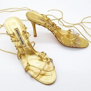 Manolo Blahnik Gold Napa Leather Knotty Long Lace Sandal One of a Kind! EUR 37.5